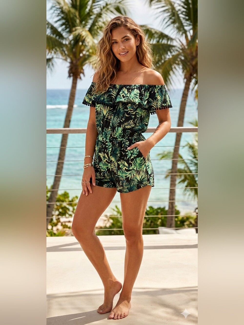 NWT Decree Tropical Palm Floral Off The Shoulder Romper Small